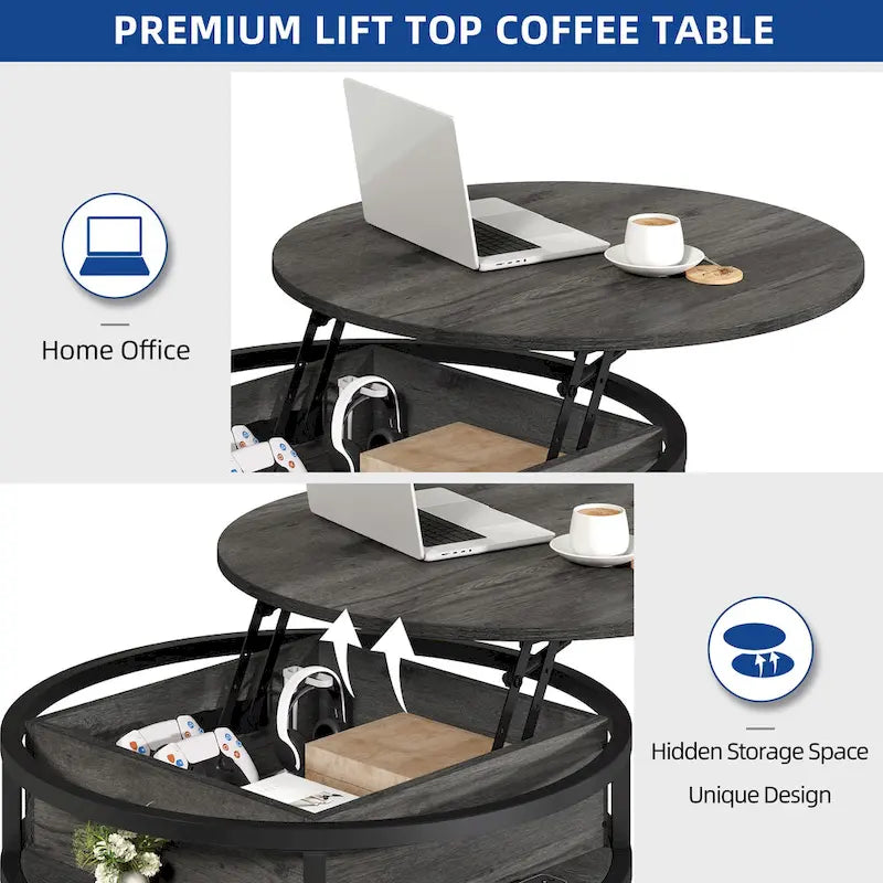 Round Lift Top Coffee Table with Hidden Storage and Open Shelf, Multi-Color