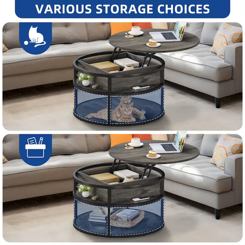 Round Lift Top Coffee Table with Hidden Storage and Open Shelf, Multi-Color