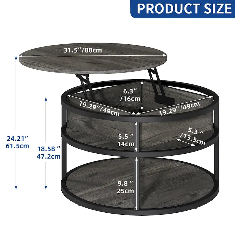 Round Lift Top Coffee Table with Hidden Storage and Open Shelf, Multi-Color