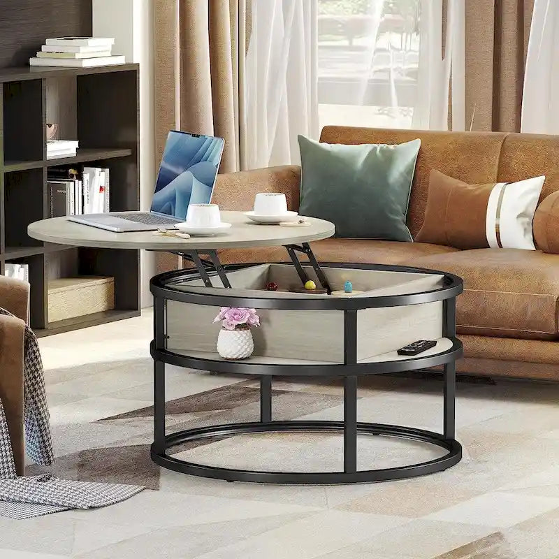 Round Lift Top Coffee Table with Hidden Storage and Open Shelf, Multi-Color