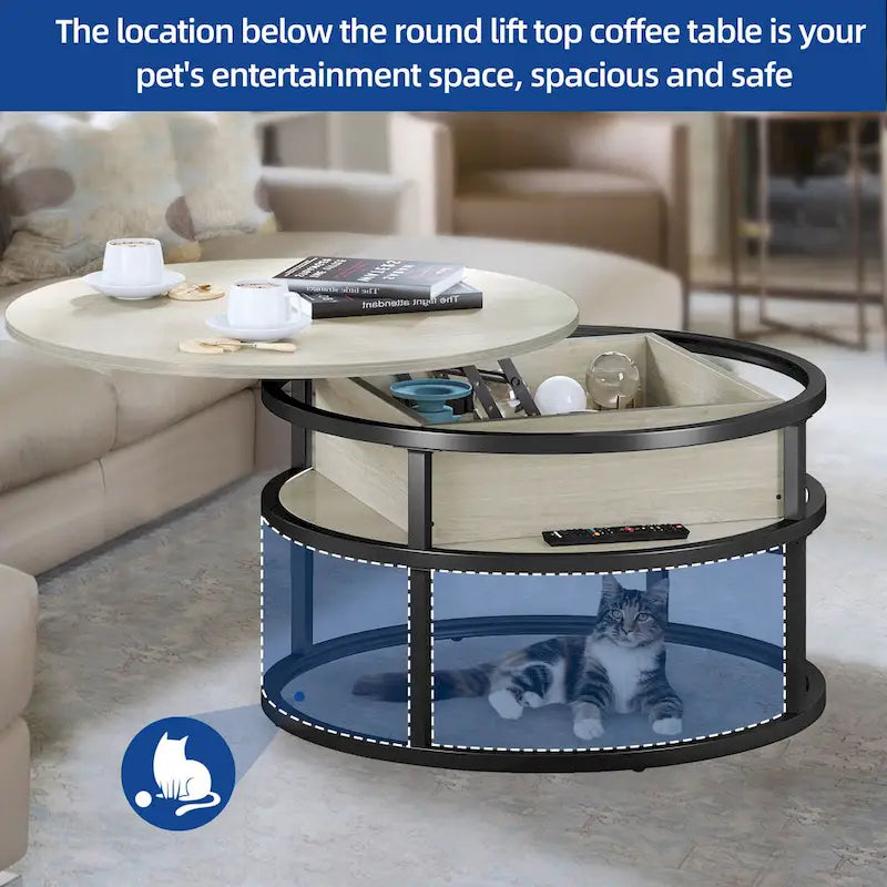 Round Lift Top Coffee Table with Hidden Storage and Open Shelf, Multi-Color