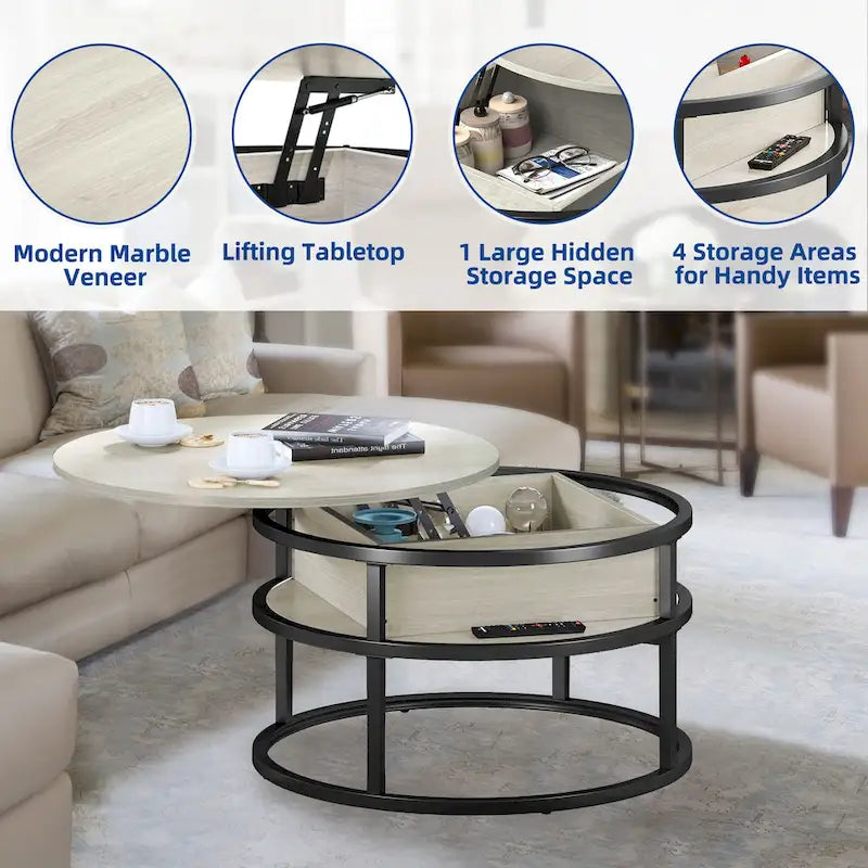 Round Lift Top Coffee Table with Hidden Storage and Open Shelf, Multi-Color