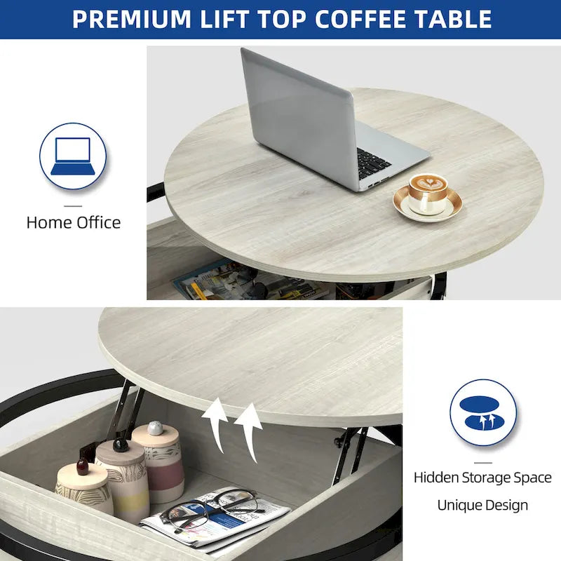 Round Lift Top Coffee Table with Hidden Storage and Open Shelf, Multi-Color