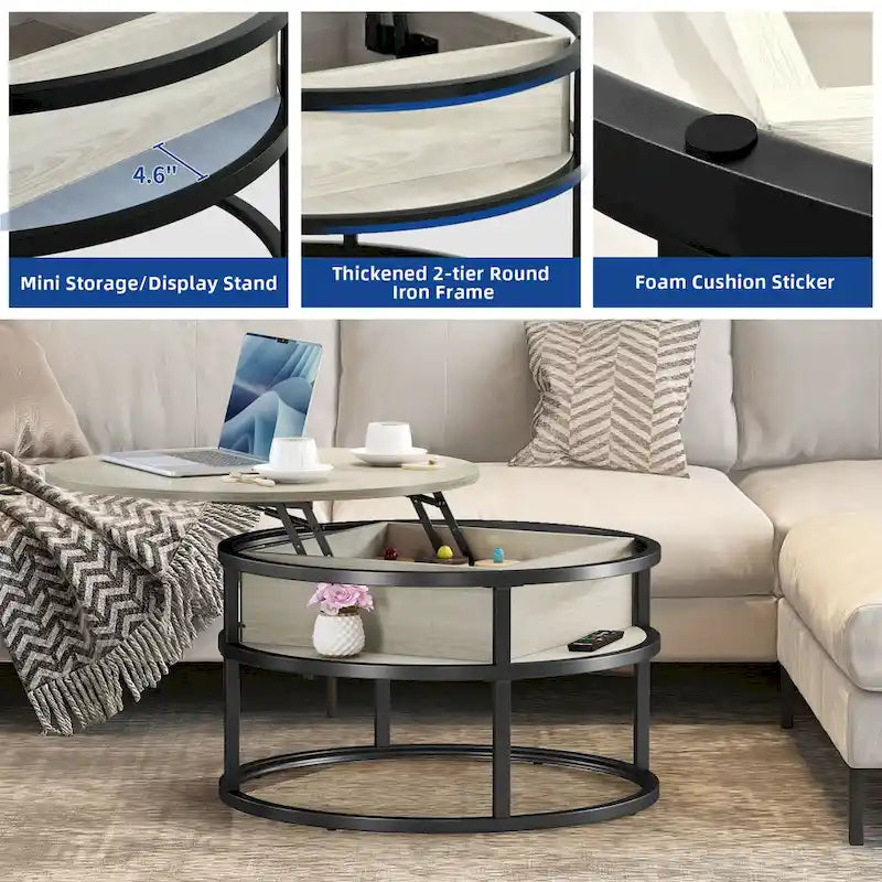 Round Lift Top Coffee Table with Hidden Storage and Open Shelf, Multi-Color