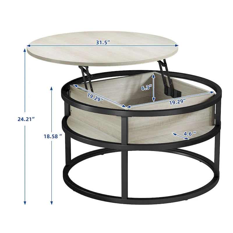 Round Lift Top Coffee Table with Hidden Storage and Open Shelf, Multi-Color
