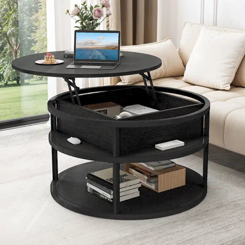 Round Lift Top Coffee Table with Hidden Storage and Open Shelf, Multi-Color