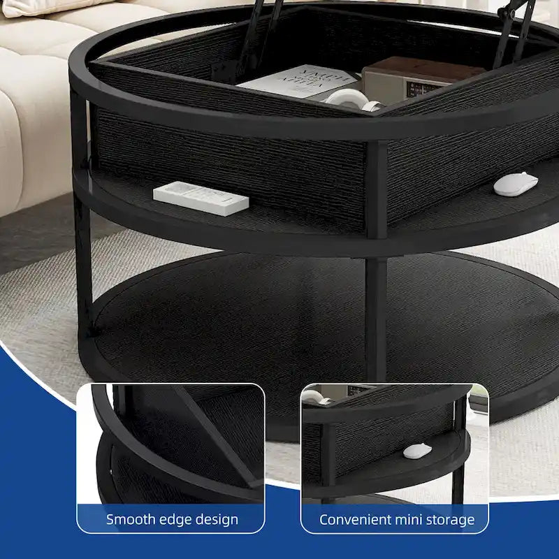 Round Lift Top Coffee Table with Hidden Storage and Open Shelf, Multi-Color