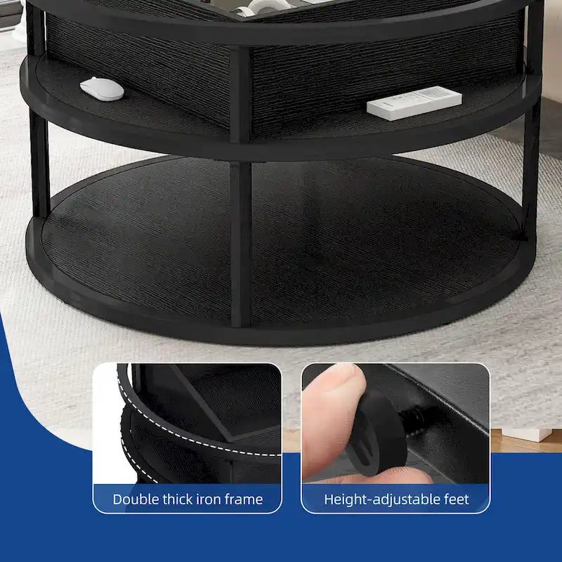 Round Lift Top Coffee Table with Hidden Storage and Open Shelf, Multi-Color