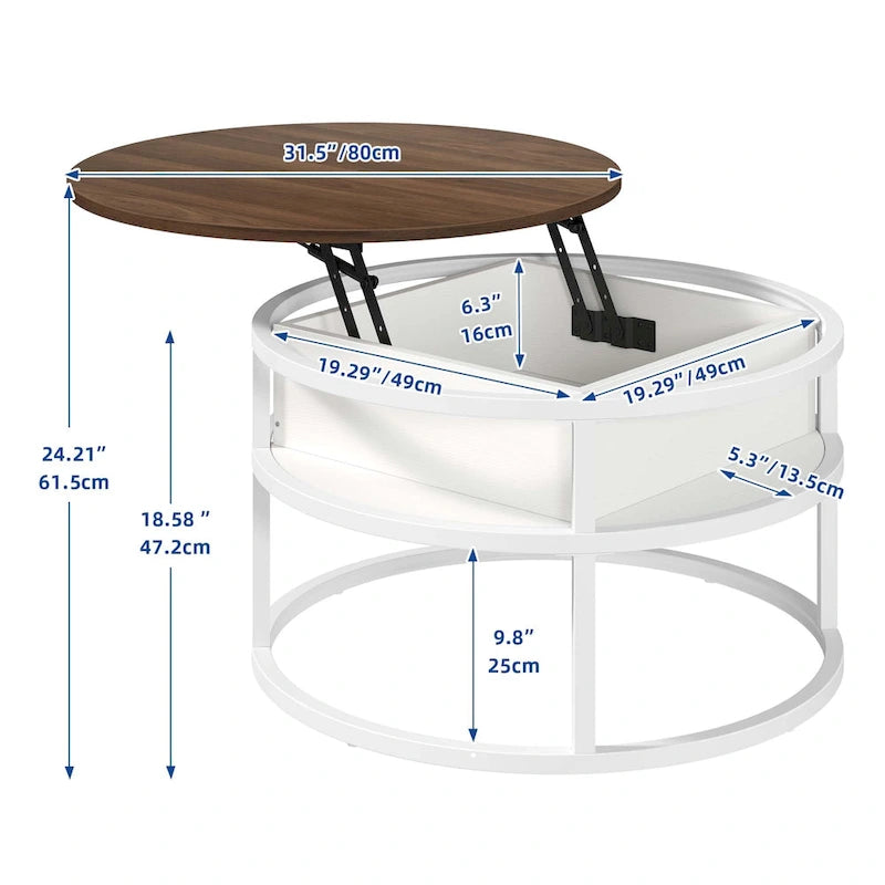 Round Lift Top Coffee Table with Hidden Storage and Open Shelf, Multi-Color