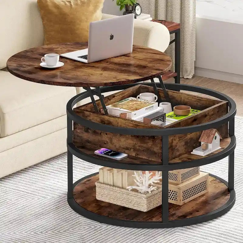 Round Lift Top Coffee Table with Hidden Storage and Open Shelf, Multi-Color