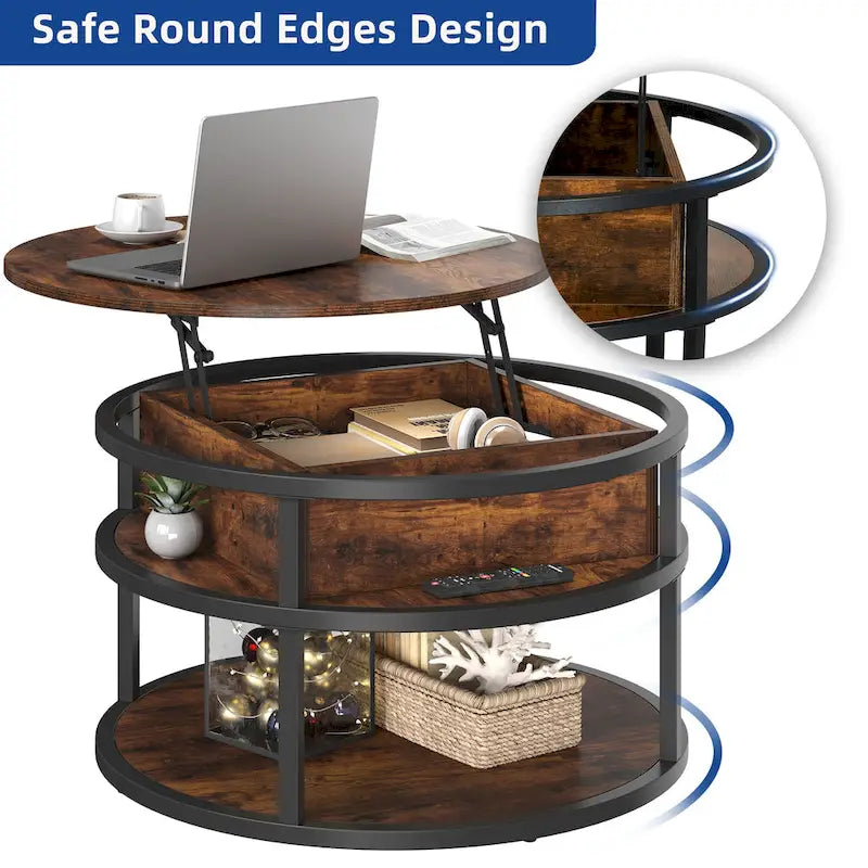 Round Lift Top Coffee Table with Hidden Storage and Open Shelf, Multi-Color