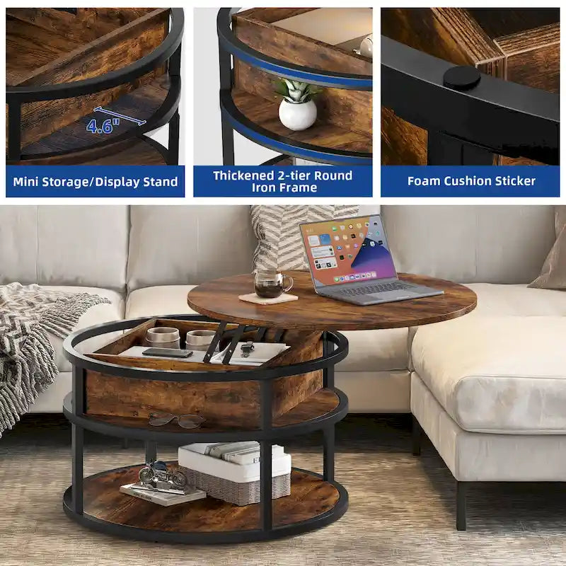 Round Lift Top Coffee Table with Hidden Storage and Open Shelf, Multi-Color