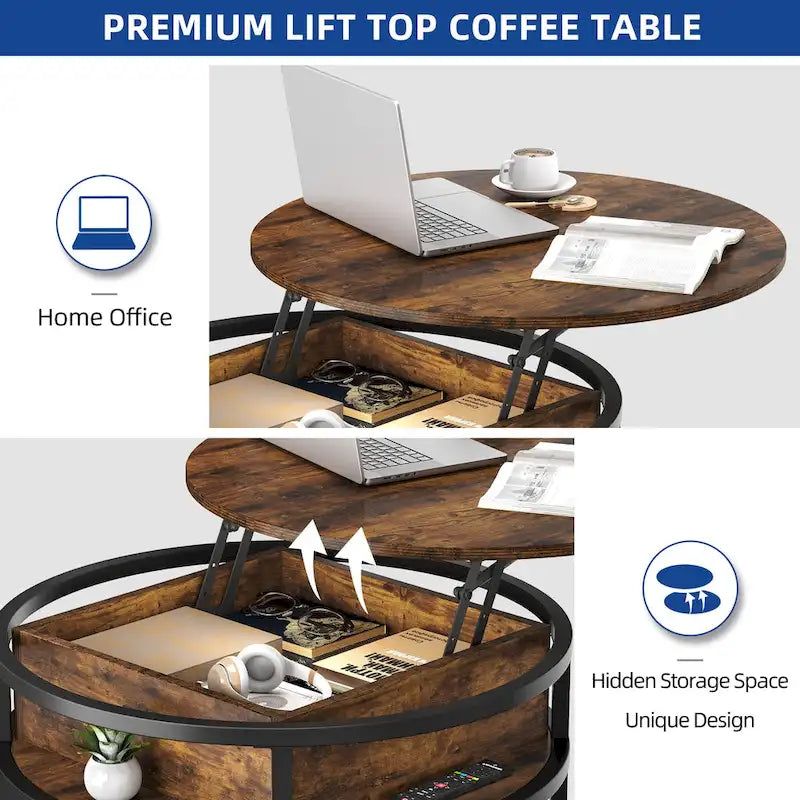 Round Lift Top Coffee Table with Hidden Storage and Open Shelf, Multi-Color