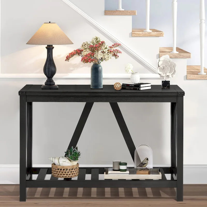 A-Frame Console Table with Open Display Shelf in Grey, Black or Brown
