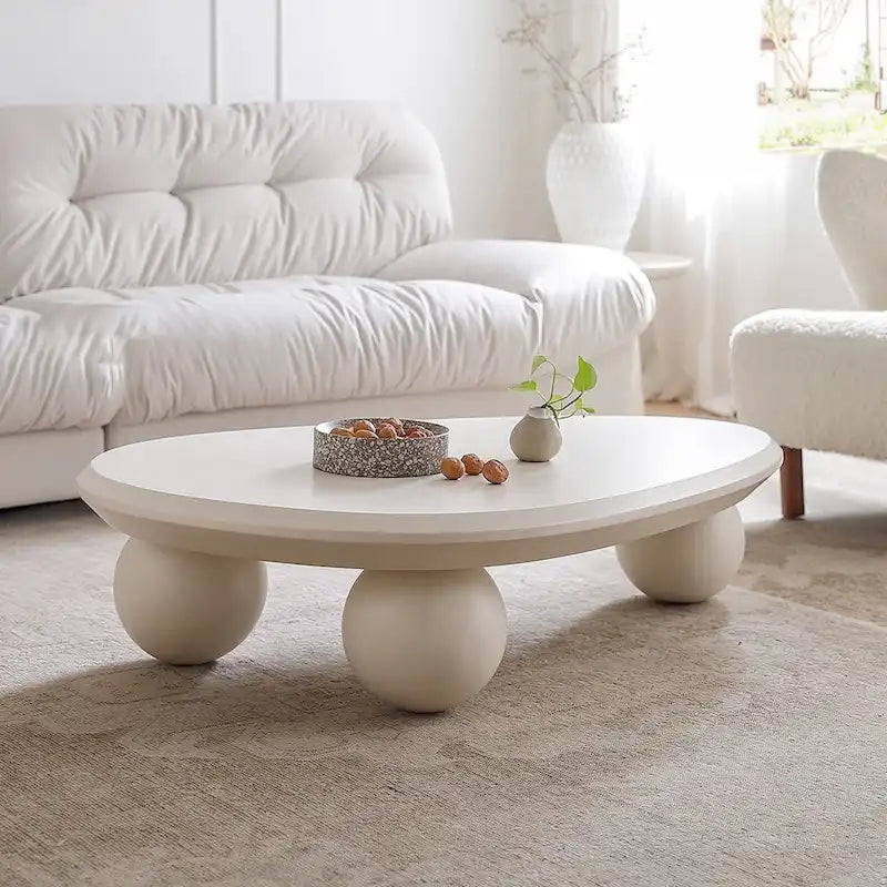 Round Wood Coffee Table with Three Decorative Ball Legs Cream Black Brown