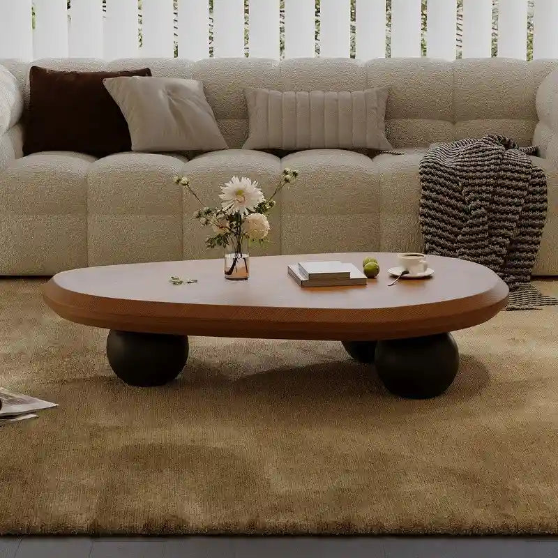 Round Wood Coffee Table with Three Decorative Ball Legs Cream Black Brown