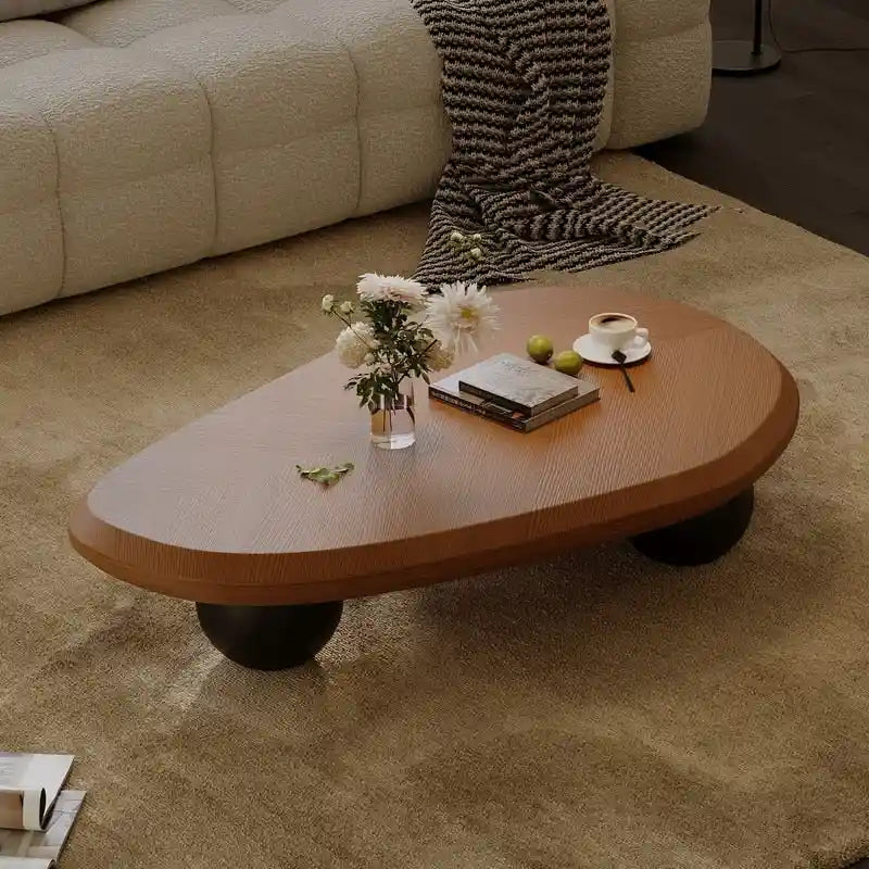 Round Wood Coffee Table with Three Decorative Ball Legs Cream Black Brown