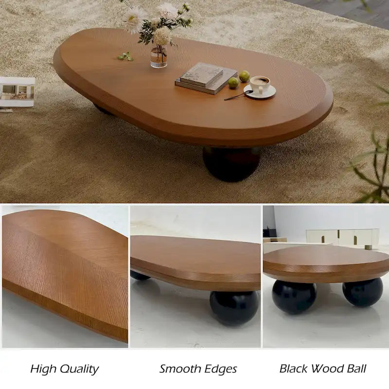Round Wood Coffee Table with Three Decorative Ball Legs Cream Black Brown