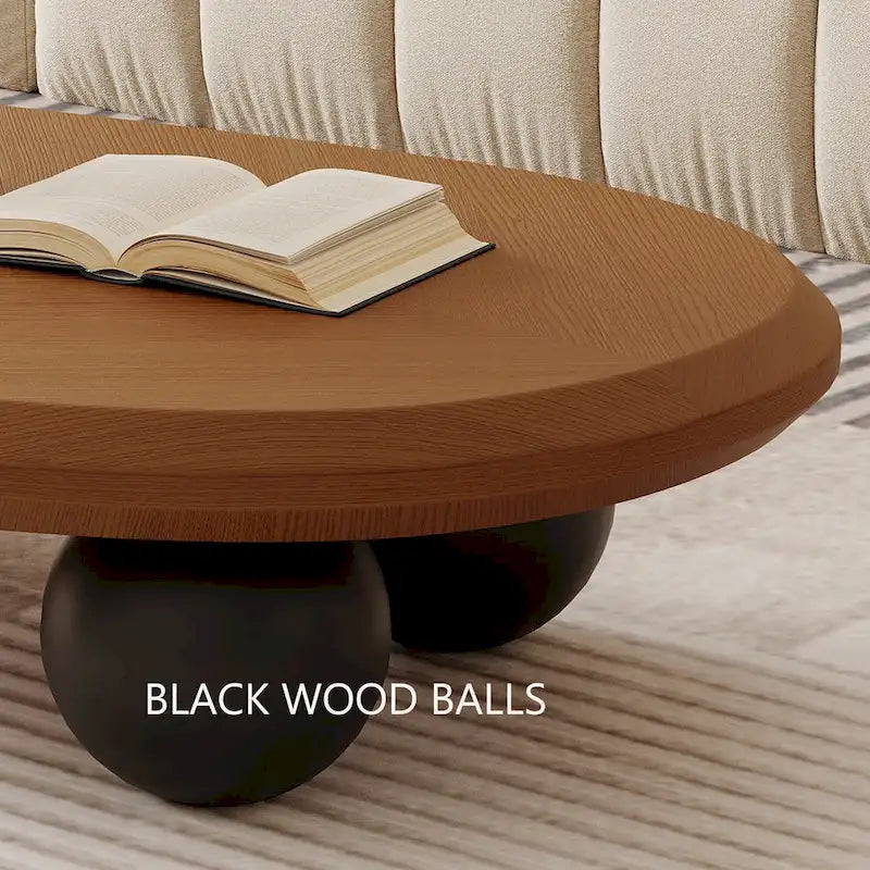 Round Wood Coffee Table with Three Decorative Ball Legs Cream Black Brown