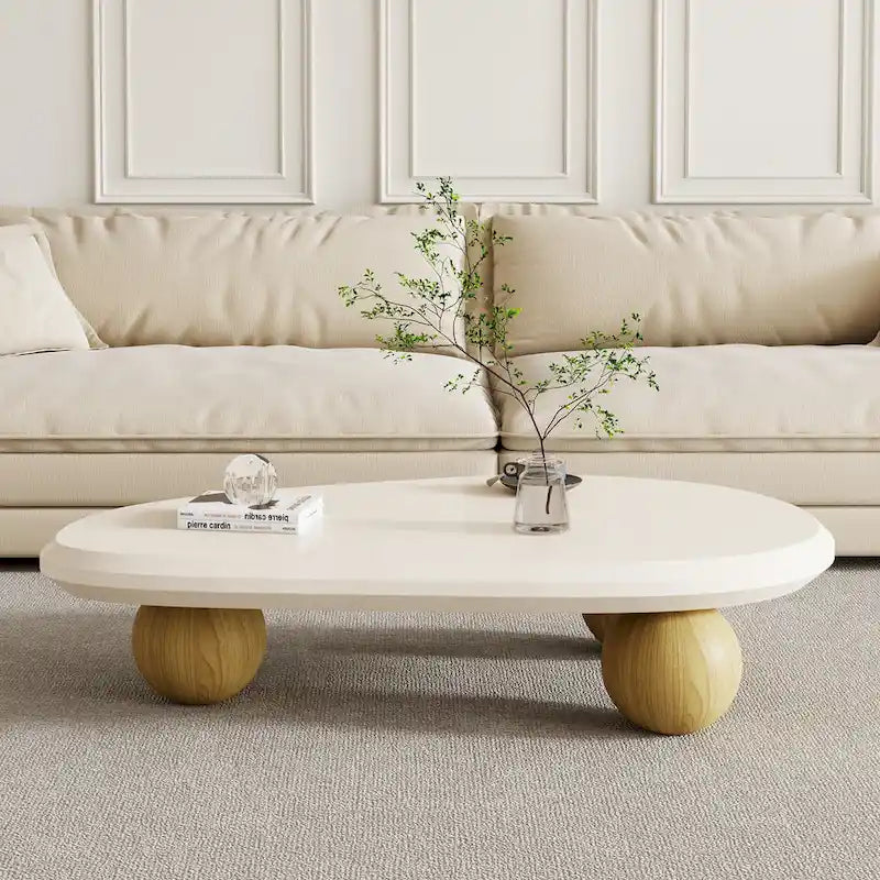 Round Wood Coffee Table with Three Decorative Ball Legs Cream Black Brown