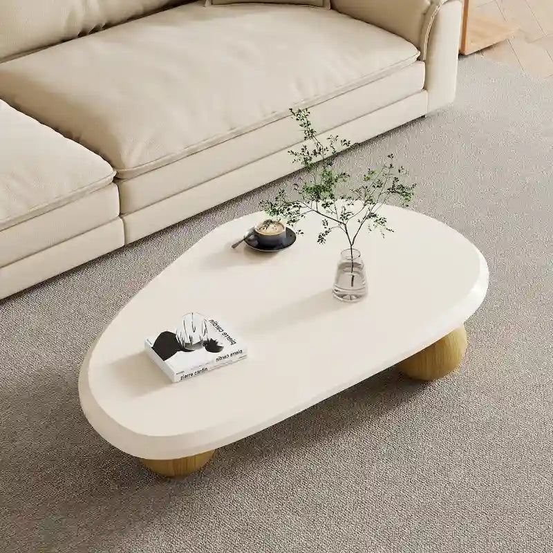 Round Wood Coffee Table with Three Decorative Ball Legs Cream Black Brown
