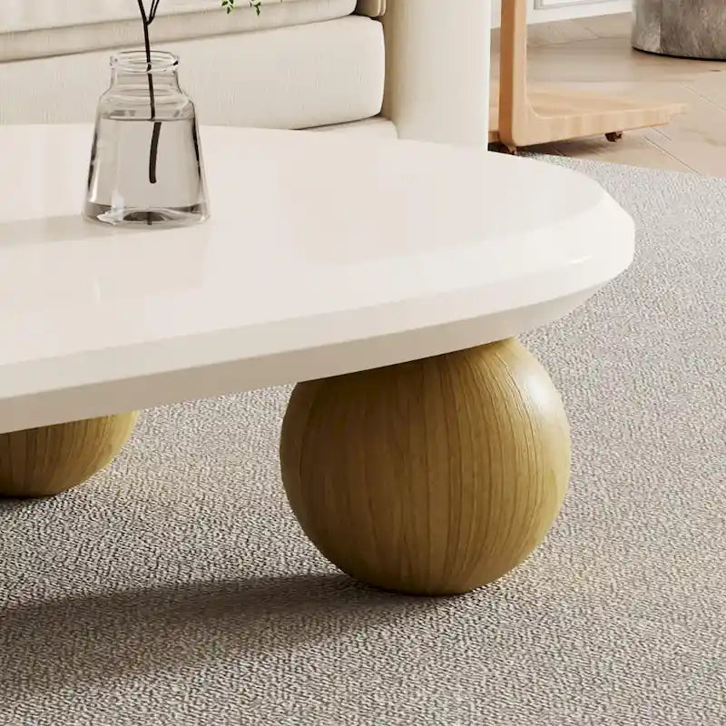 Round Wood Coffee Table with Three Decorative Ball Legs Cream Black Brown