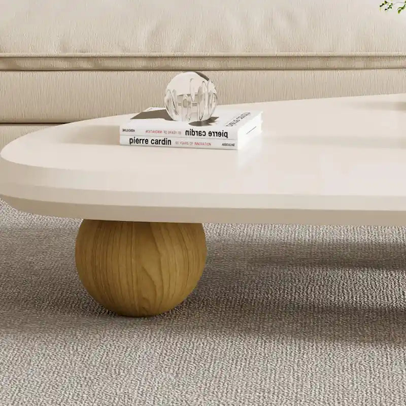 Round Wood Coffee Table with Three Decorative Ball Legs Cream Black Brown