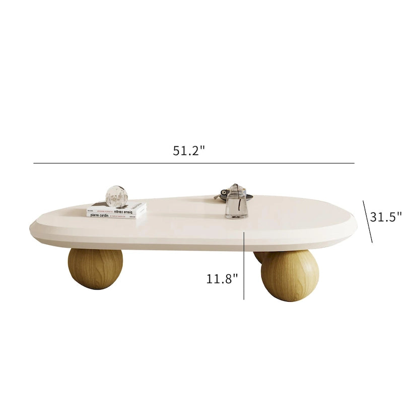 Round Wood Coffee Table with Three Decorative Ball Legs Cream Black Brown