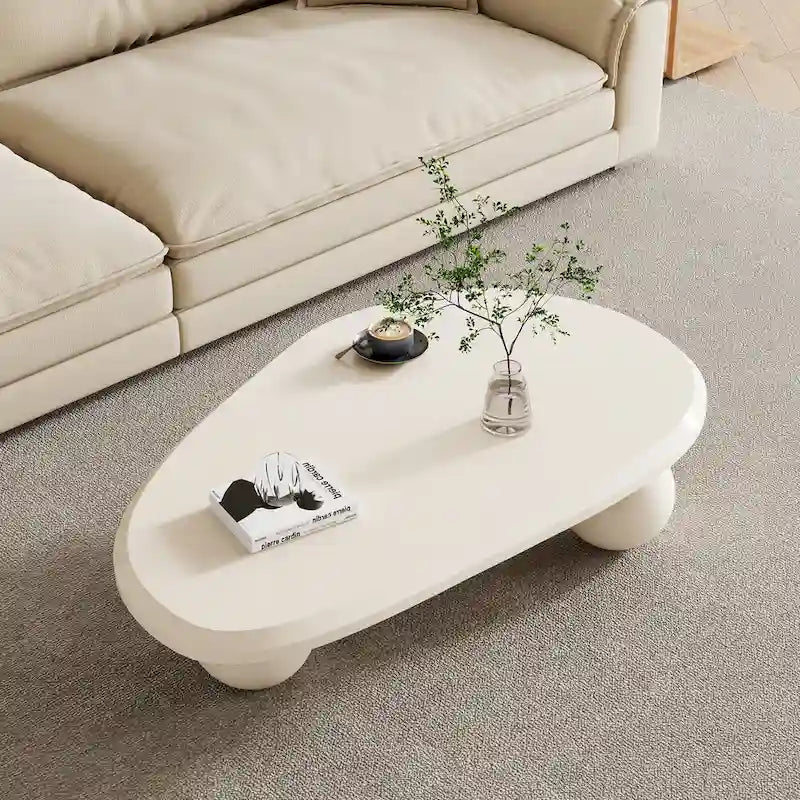 Round Wood Coffee Table with Three Decorative Ball Legs Cream Black Brown