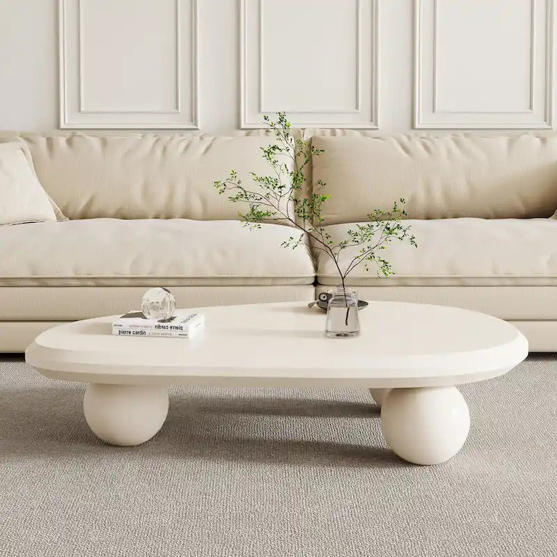 Round Wood Coffee Table with Three Decorative Ball Legs Cream Black Brown