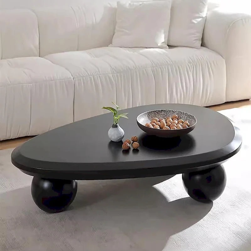 Round Wood Coffee Table with Three Decorative Ball Legs Cream Black Brown
