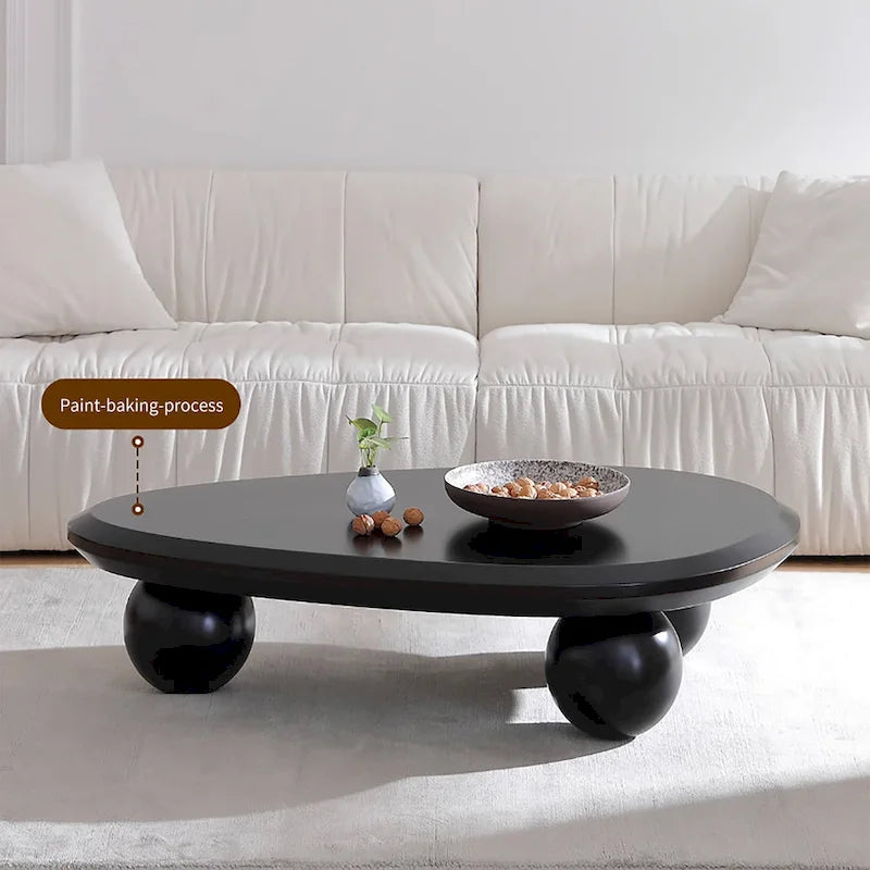 Round Wood Coffee Table with Three Decorative Ball Legs Cream Black Brown