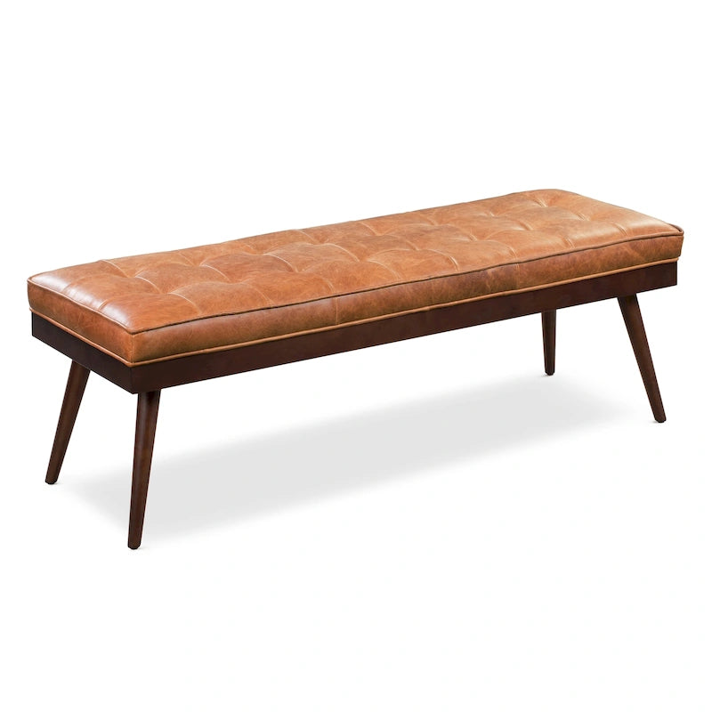 Mid-Century Tufted Full-Grain Italian Leather Upholstered Accent Bench with Wood Legs