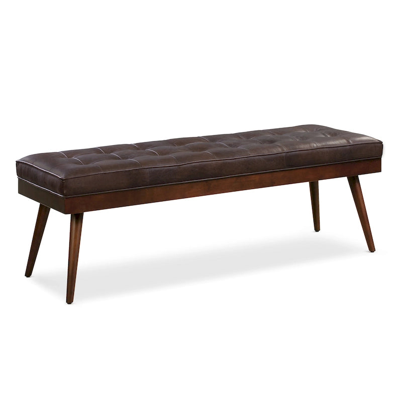 Mid-Century Tufted Full-Grain Italian Leather Upholstered Accent Bench with Wood Legs