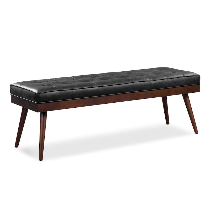 Mid-Century Tufted Full-Grain Italian Leather Upholstered Accent Bench with Wood Legs