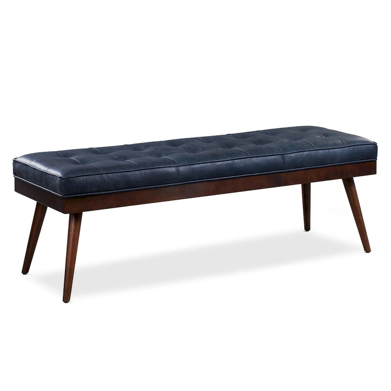 Mid-Century Tufted Full-Grain Italian Leather Upholstered Accent Bench with Wood Legs