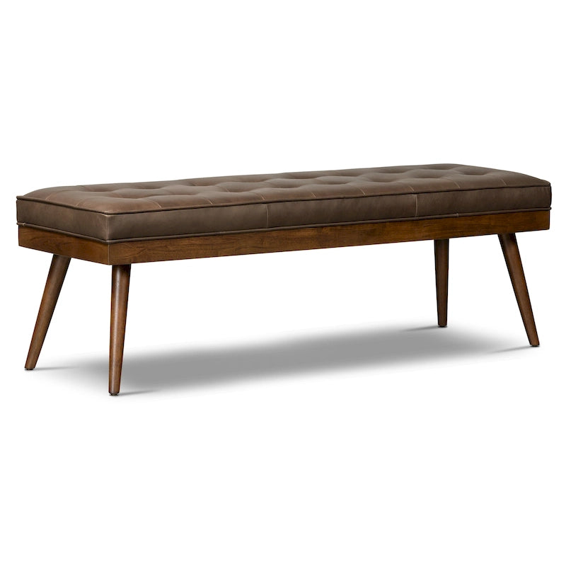 Mid-Century Tufted Full-Grain Italian Leather Upholstered Accent Bench with Wood Legs