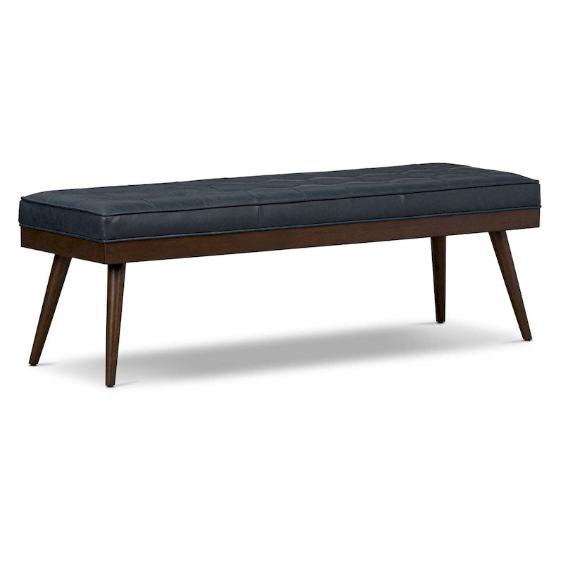 Mid-Century Tufted Full-Grain Italian Leather Upholstered Accent Bench with Wood Legs