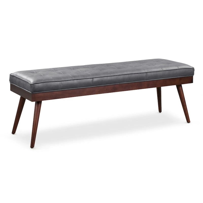 Mid-Century Tufted Full-Grain Italian Leather Upholstered Accent Bench with Wood Legs