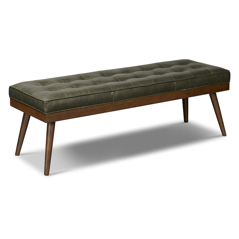 Mid-Century Tufted Full-Grain Italian Leather Upholstered Accent Bench with Wood Legs