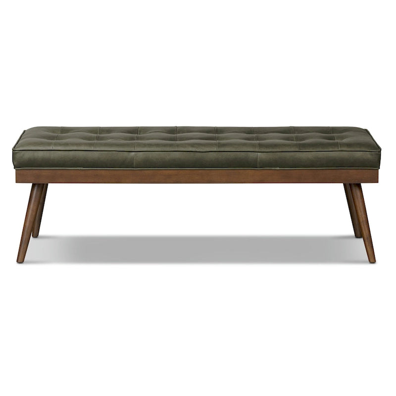 Mid-Century Tufted Full-Grain Italian Leather Upholstered Accent Bench with Wood Legs