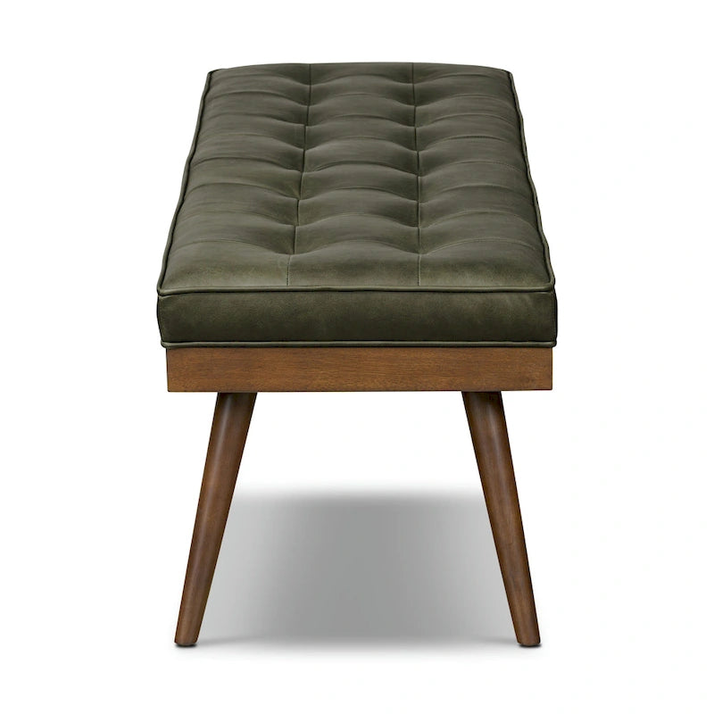 Mid-Century Tufted Full-Grain Italian Leather Upholstered Accent Bench with Wood Legs
