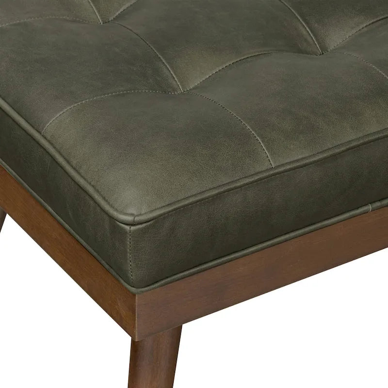 Mid-Century Tufted Full-Grain Italian Leather Upholstered Accent Bench with Wood Legs