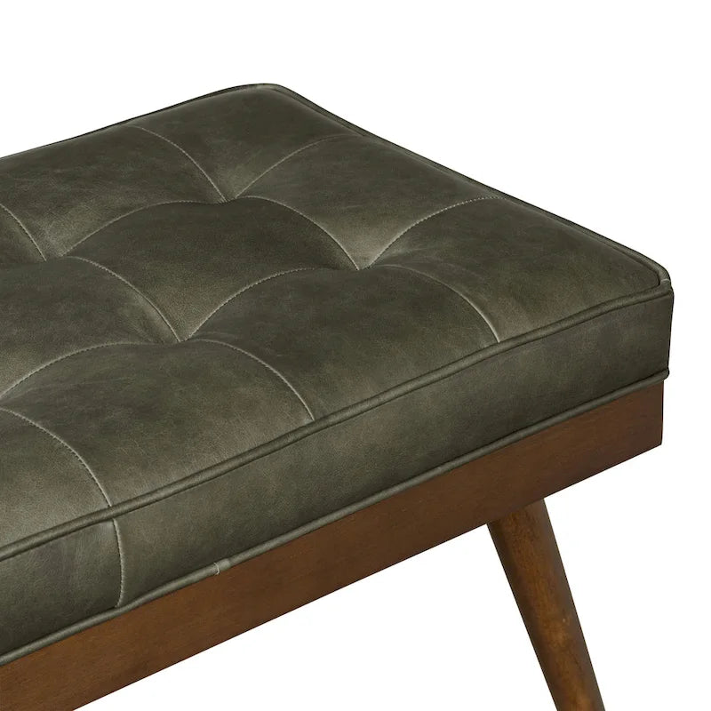 Mid-Century Tufted Full-Grain Italian Leather Upholstered Accent Bench with Wood Legs