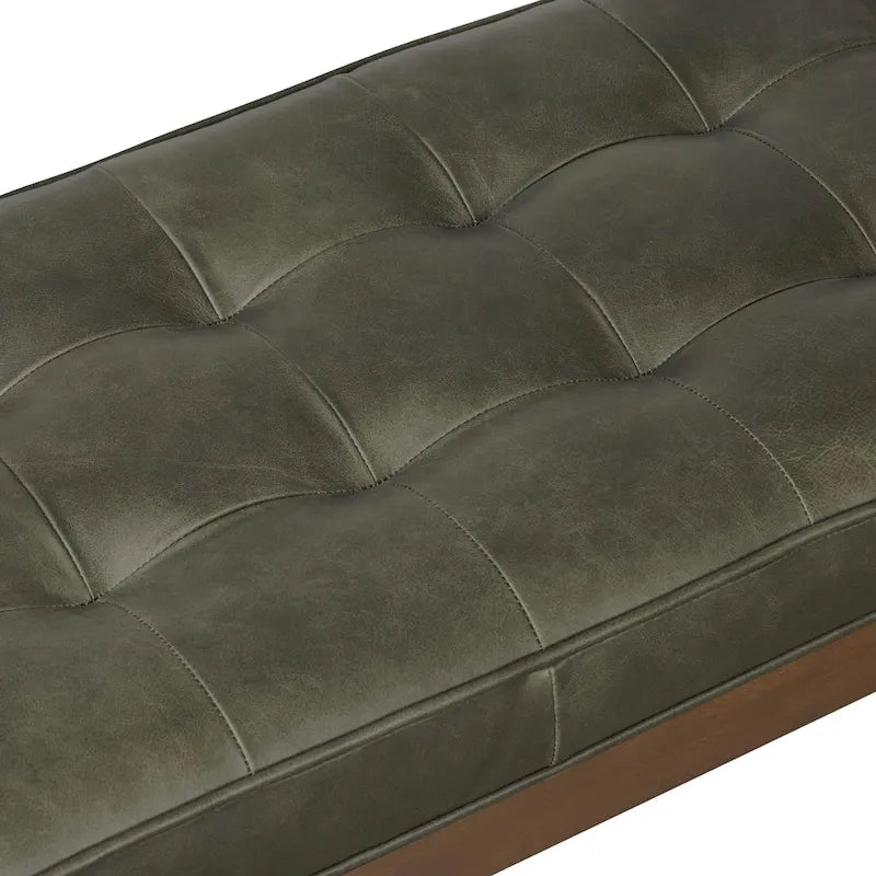 Mid-Century Tufted Full-Grain Italian Leather Upholstered Accent Bench with Wood Legs