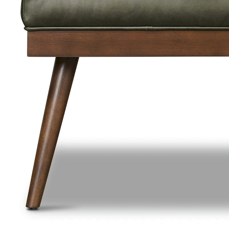Mid-Century Tufted Full-Grain Italian Leather Upholstered Accent Bench with Wood Legs