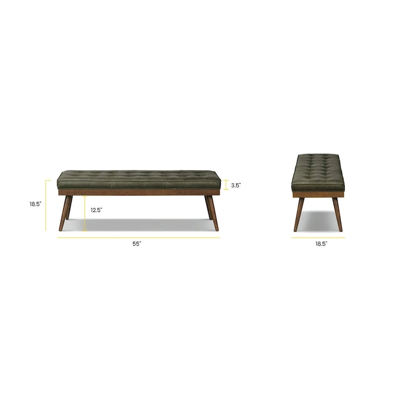 Mid-Century Tufted Full-Grain Italian Leather Upholstered Accent Bench with Wood Legs