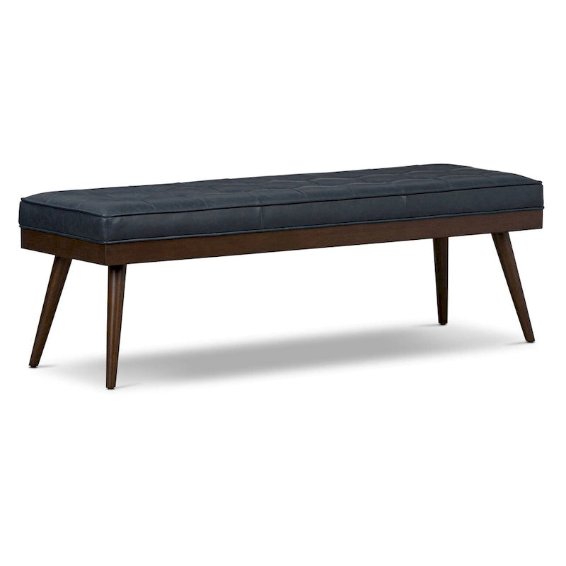 Mid-Century Tufted Full-Grain Italian Leather Upholstered Accent Bench with Wood Legs