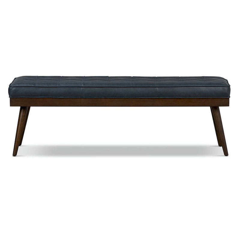 Mid-Century Tufted Full-Grain Italian Leather Upholstered Accent Bench with Wood Legs