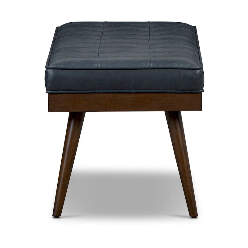 Mid-Century Tufted Full-Grain Italian Leather Upholstered Accent Bench with Wood Legs